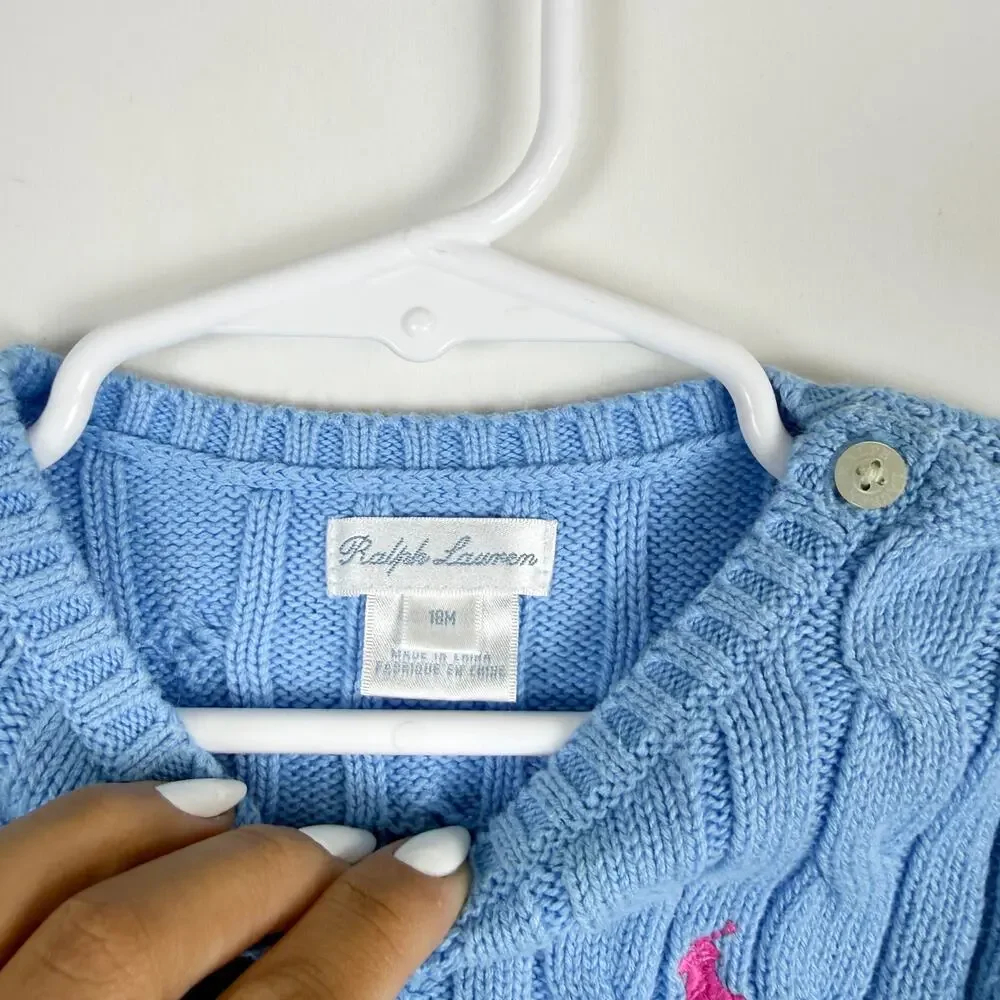 Ralph Lauren Girls Cable Knit Sweater Blue - 12-18 18 Months